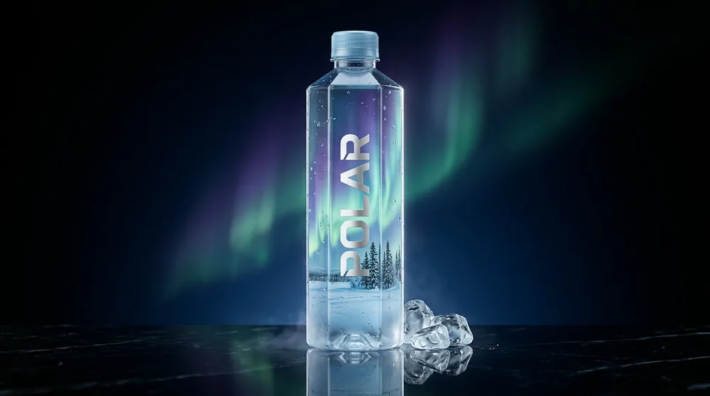 Polar mineral water bottle under the aurora